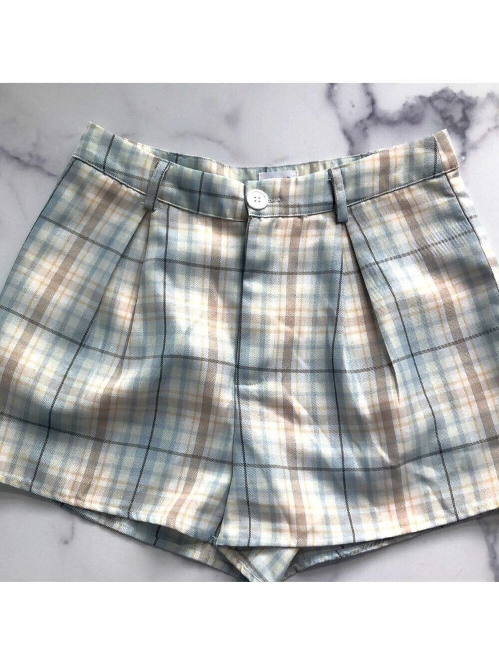 Le Lis Collection Light Blue Plaid Pleated High Rise Shorts Size S